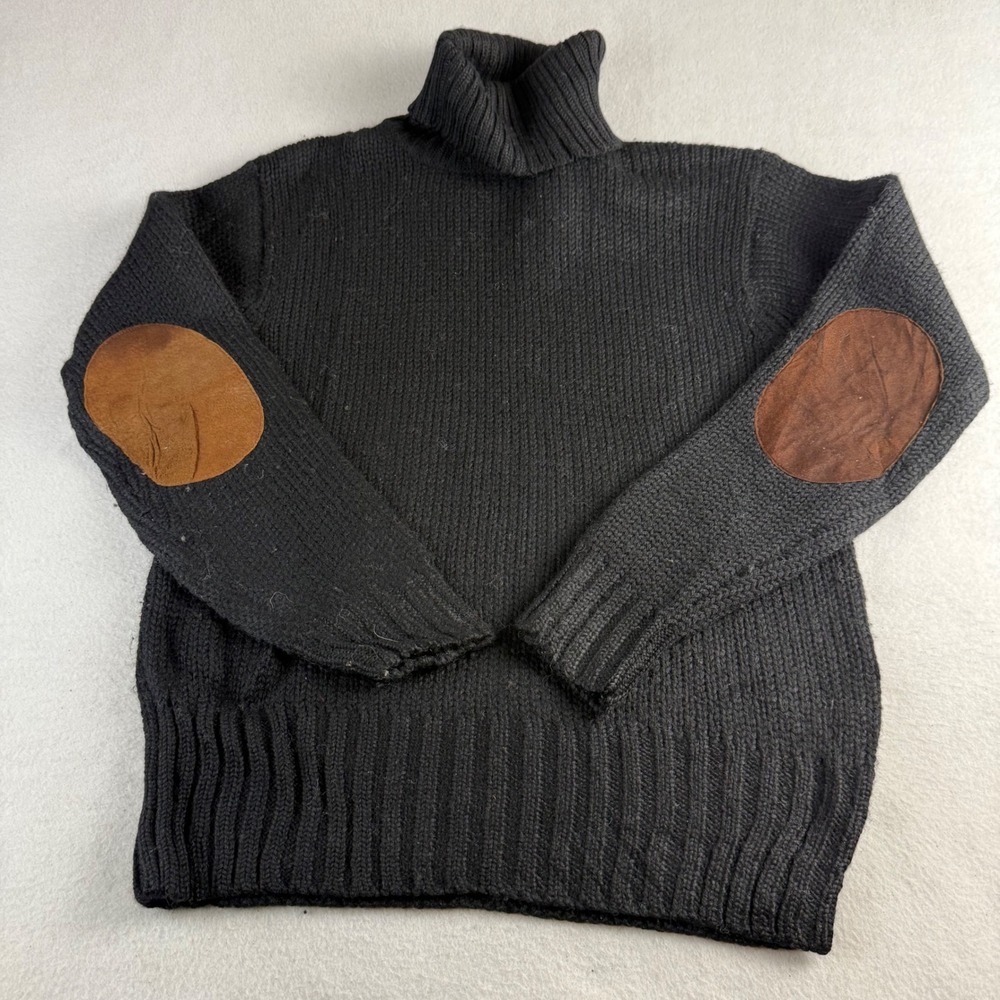 J.Crew Mens Black 100% Wool Ribbed Turtleneck Sweater Elbow Patches Small